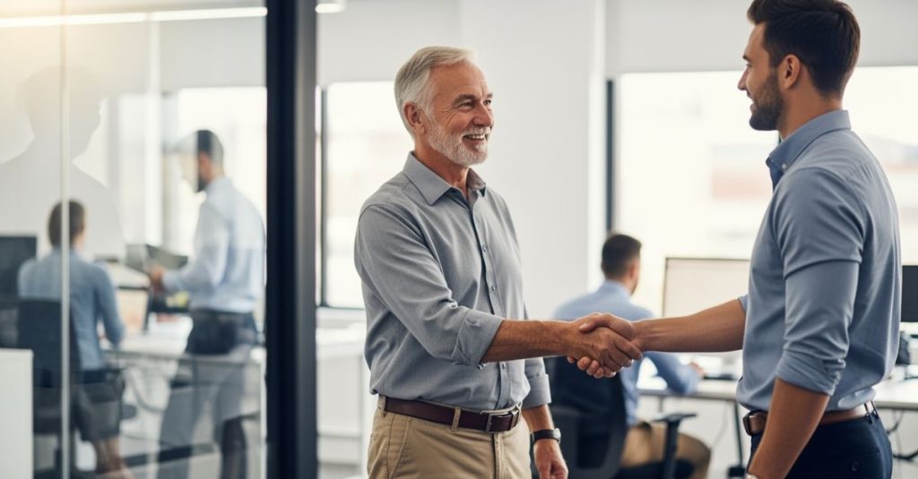 Two businessmen in an office shaking hands and smiling, symbolising agreement, trust, and collaboration. The setting is a bright, modern workspace with colleagues working at computers in the background.