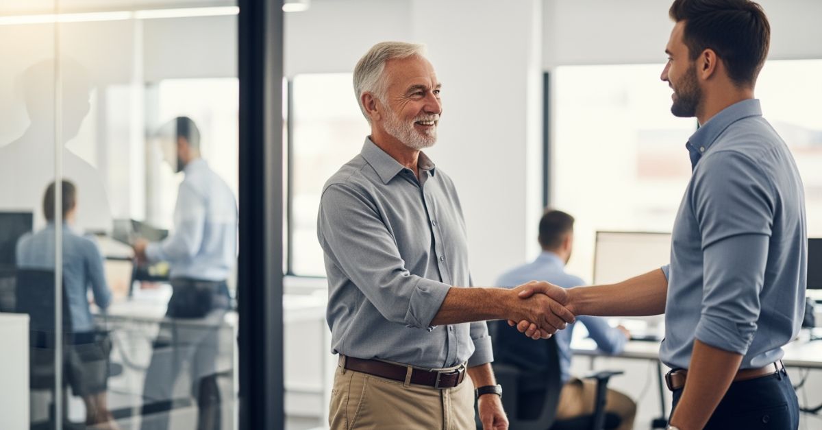 Two businessmen in an office shaking hands and smiling, symbolising agreement, trust, and collaboration. The setting is a bright, modern workspace with colleagues working at computers in the background.
