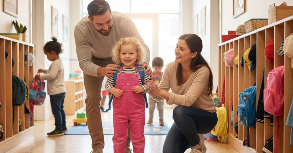 Parents help their smiling young daughter put on her backpack in a brightly lit preschool hallway, surrounded by cubbies and other children preparing for the day.