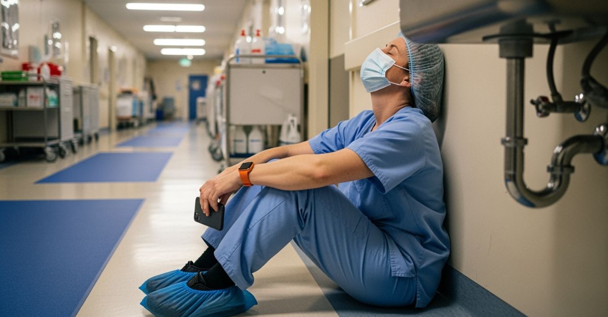Exhausted healthcare worker in blue scrubs sits on a hospital corridor floor, head tilted up, wearing a mask and hair cover, holding a phone; trolleys and supplies line the hallway, conveying burnout.